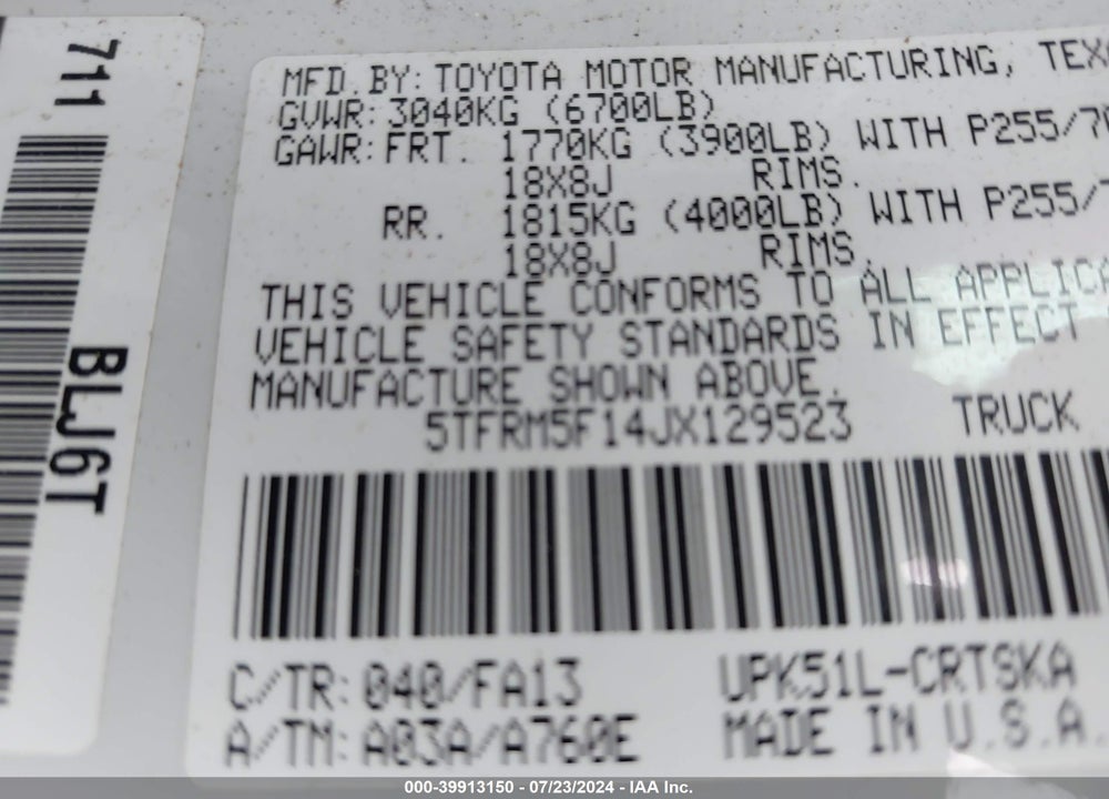 2018 TOYOTA TUNDRA SR 4.6L V8 VIN: 5TFRM5F14JX129523