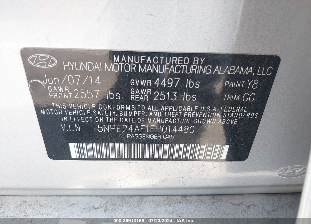 2015 HYUNDAI SONATA SE VIN: 5NPE24AF1FH014480