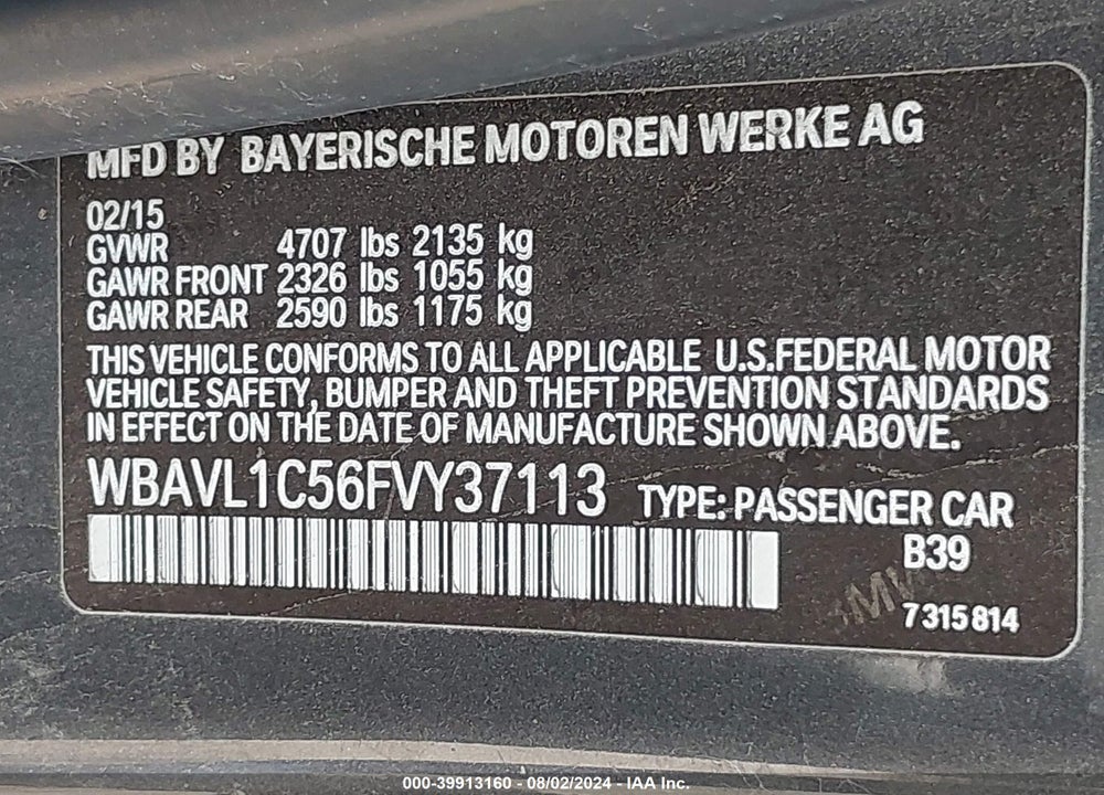 2015 BMW X1 XDRIVE28I VIN: WBAVL1C56FVY37113