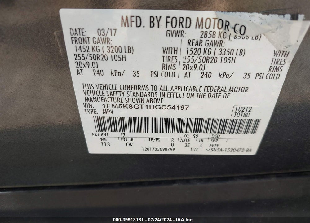 2017 FORD EXPLORER SPORT VIN: 1FM5K8GT1HGC54197