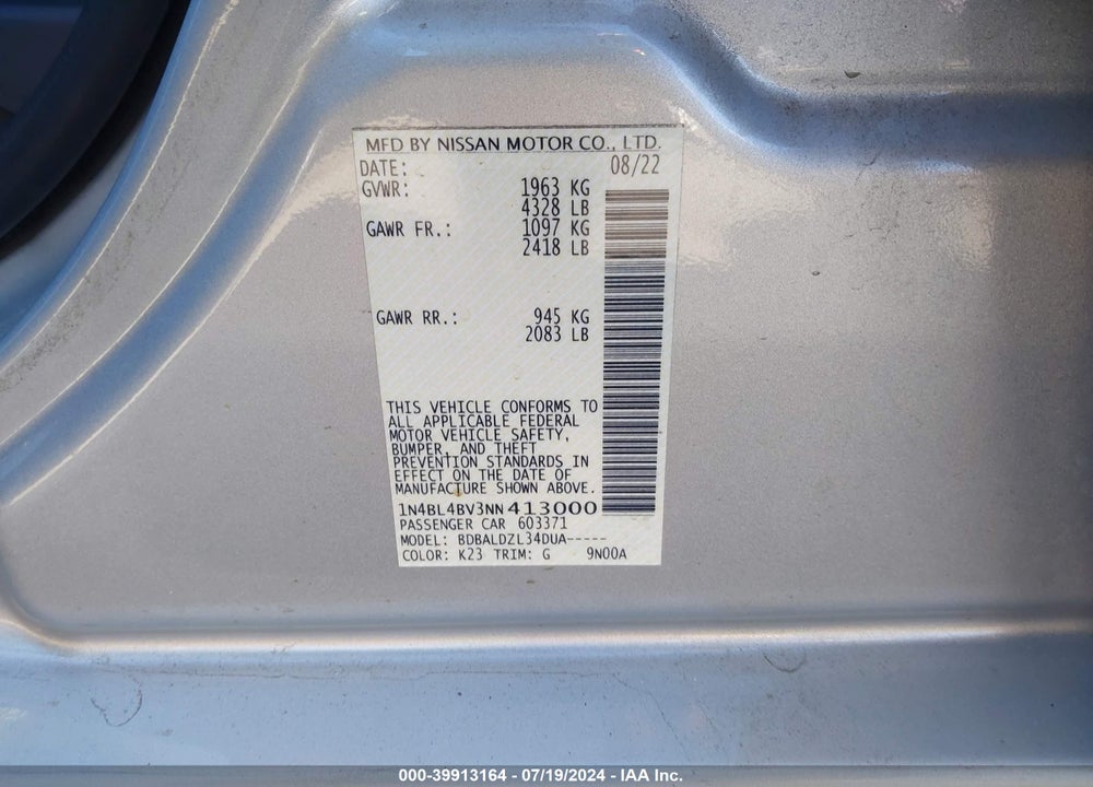 2022 NISSAN ALTIMA S FWD VIN: 1N4BL4BV3NN413000