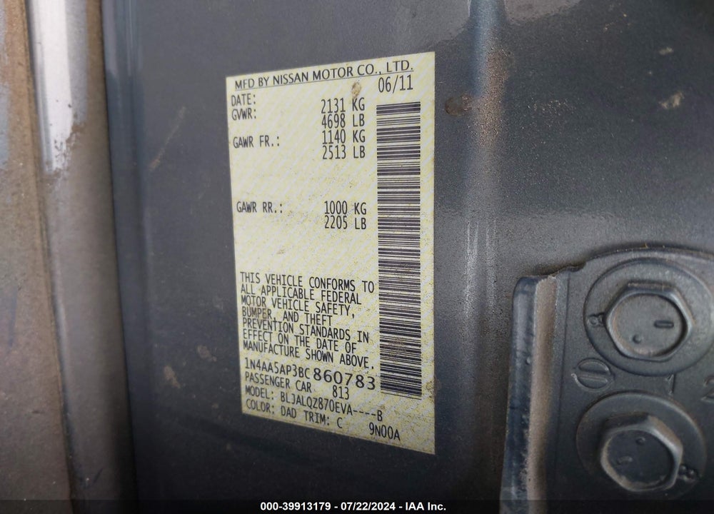 2011 NISSAN MAXIMA 3.5 S VIN: 1N4AA5AP3BC860783