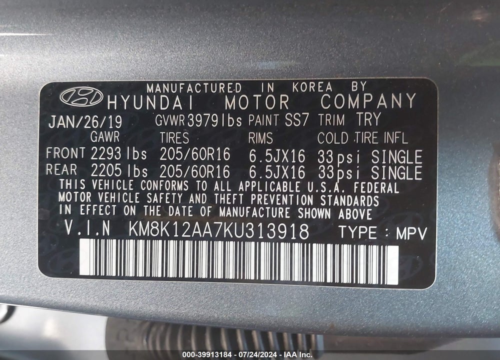2019 HYUNDAI KONA SE VIN: KM8K12AA7KU313918