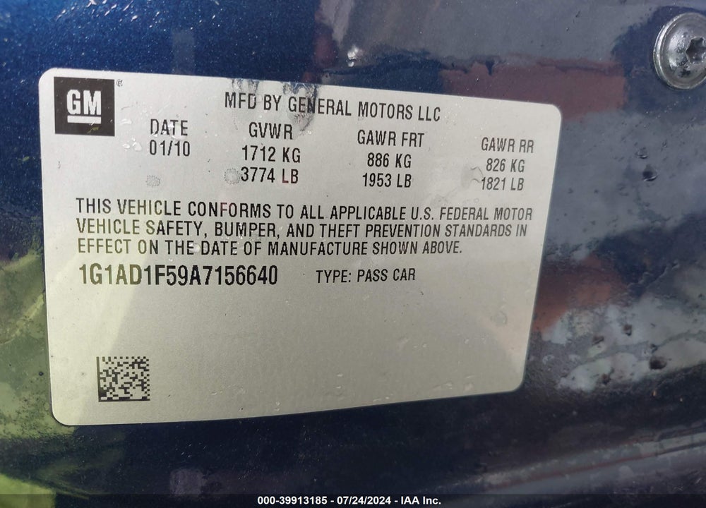 2010 CHEVROLET COBALT LT VIN: 1G1AD1F59A7156640
