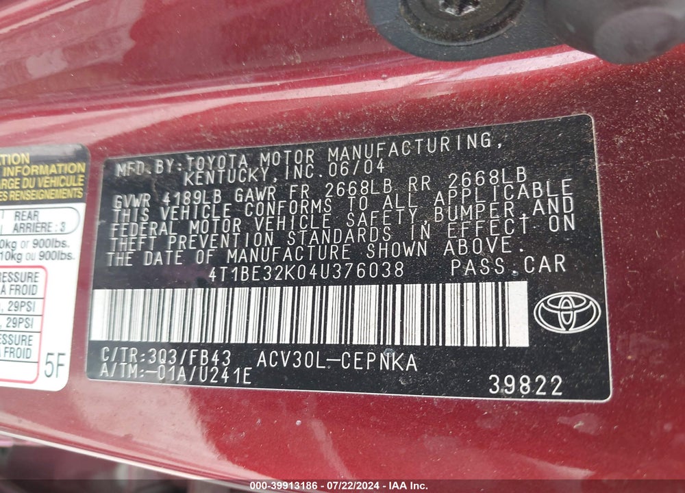 2004 TOYOTA CAMRY LE VIN: 4T1BE32K04U376038