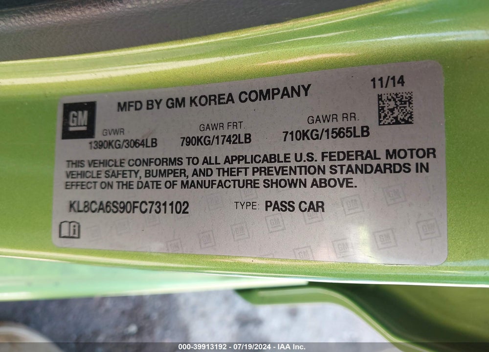 2015 CHEVROLET SPARK LS MANUAL VIN: KL8CA6S90FC731102