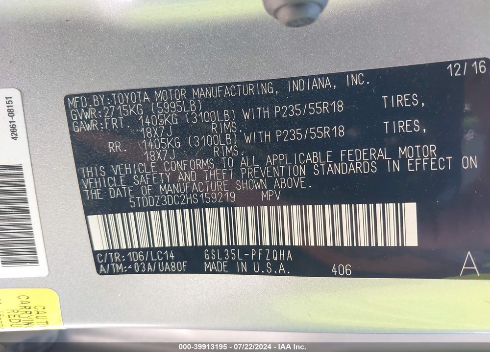2017 TOYOTA SIENNA XLE 7 PASSENGER VIN: 5TDDZ3DC2HS159219