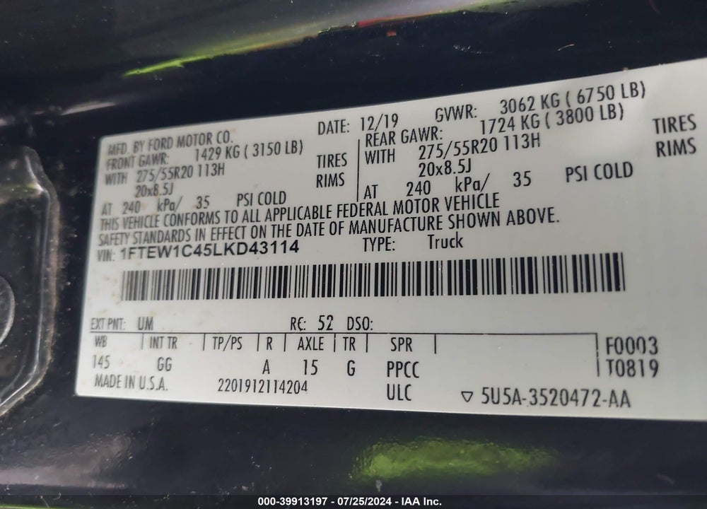2020 FORD F-150 XL VIN: 1FTEW1C45LKD43114
