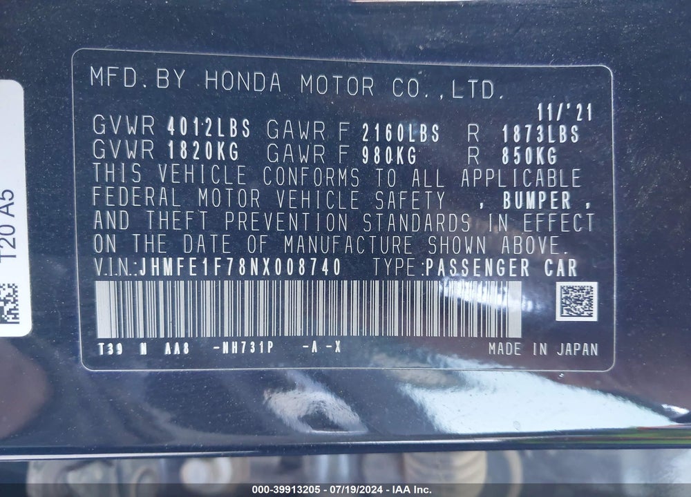 2022 HONDA CIVIC VIN: JHMFE1F78NX008740