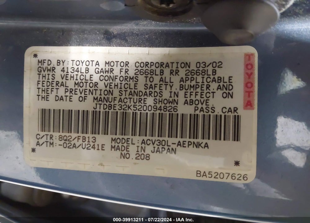 2002 TOYOTA CAMRY LE VIN: JTDBE32K520094826