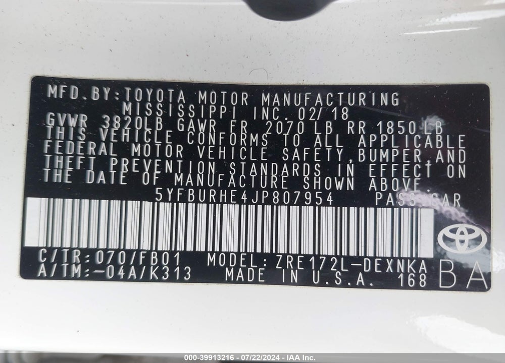 2018 TOYOTA COROLLA LE VIN: 5YFBURHE4JP807954