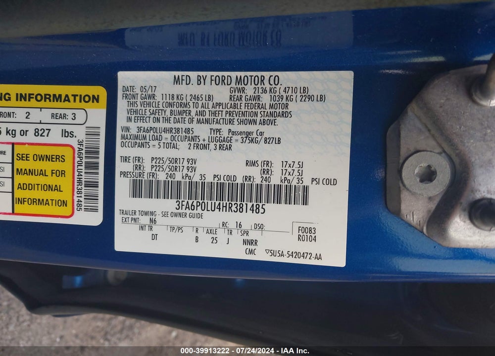 2017 FORD FUSION HYBRID SE VIN: 3FA6P0LU4HR381485