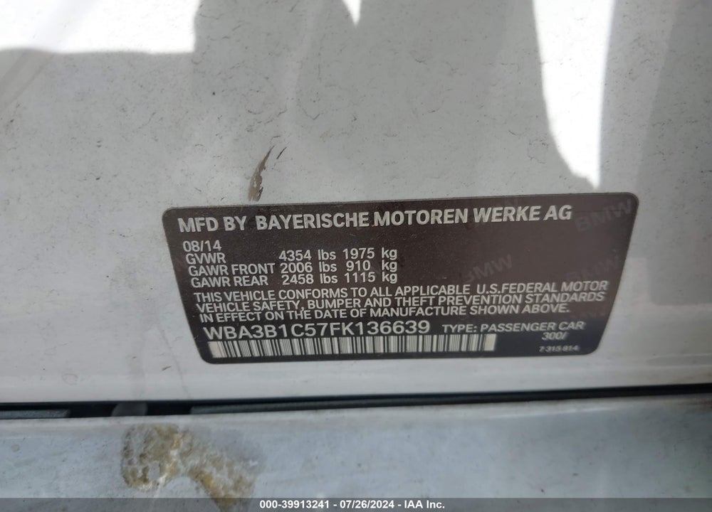 2015 BMW 320I VIN: WBA3B1C57FK136639