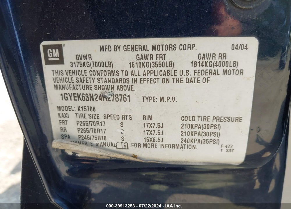 2004 CADILLAC ESCALADE STANDARD VIN: 1GYEK63N24R278761