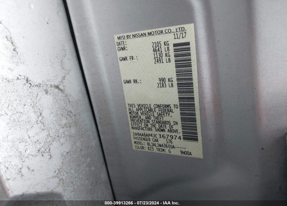 2018 NISSAN MAXIMA 3.5 SV VIN: 1N4AA6AP4JC367974