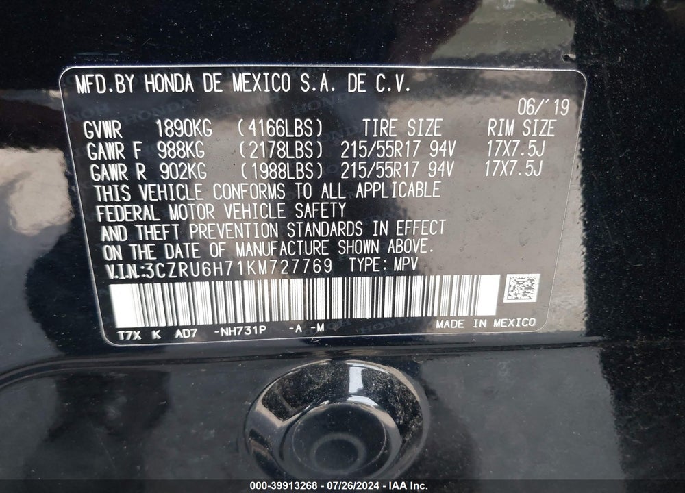 2019 HONDA HR-V EX-L VIN: 3CZRU6H71KM727769