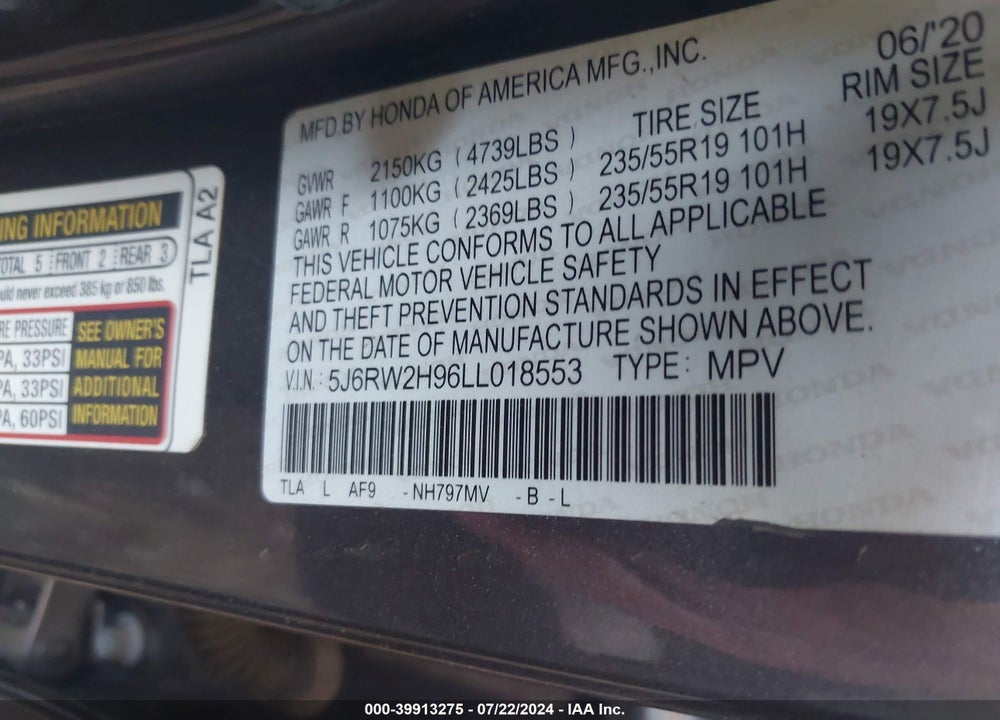 2020 HONDA CR-V AWD TOURING VIN: 5J6RW2H96LL018553