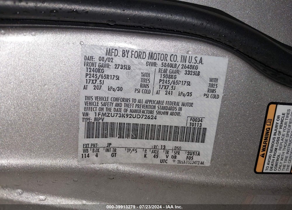 2002 FORD EXPLORER XLT VIN: 1FMZU73K92UD72624