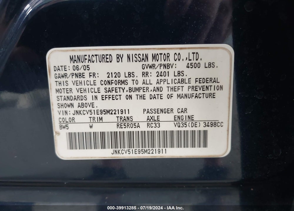 2005 INFINITI G35 VIN: JNKCV51E95M221911