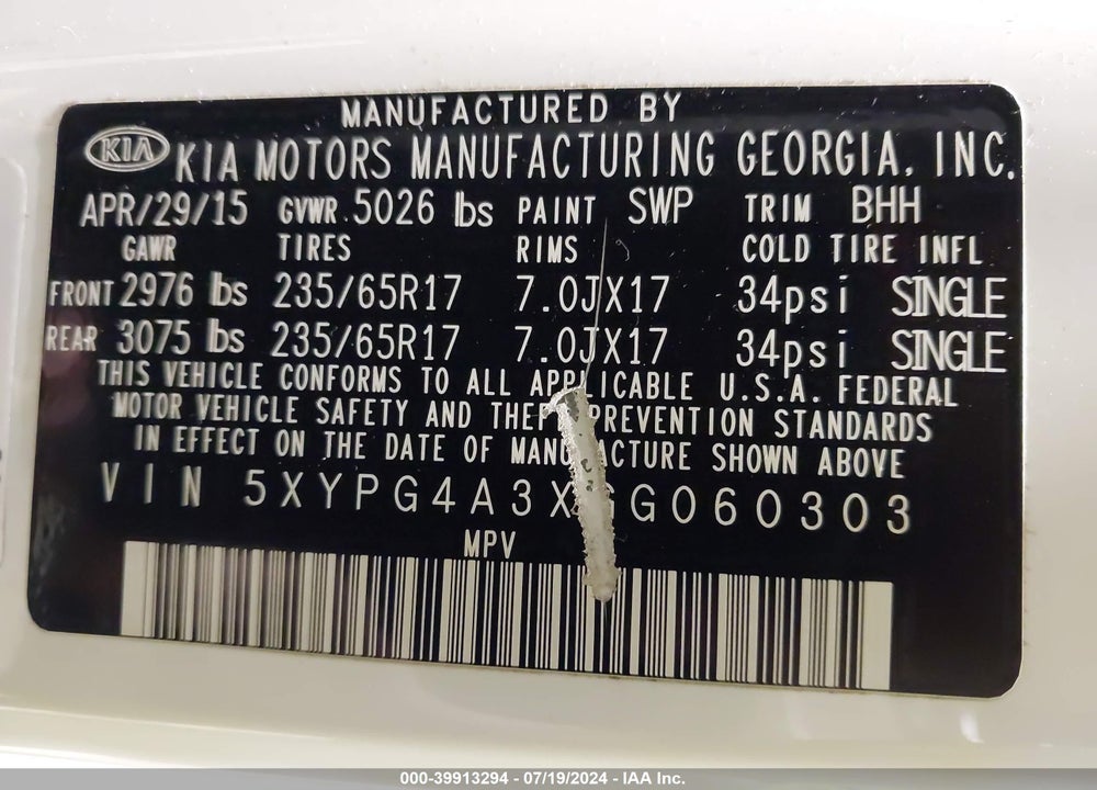 2016 KIA SORENTO 2.4L LX VIN: 5XYPG4A3XGG060303