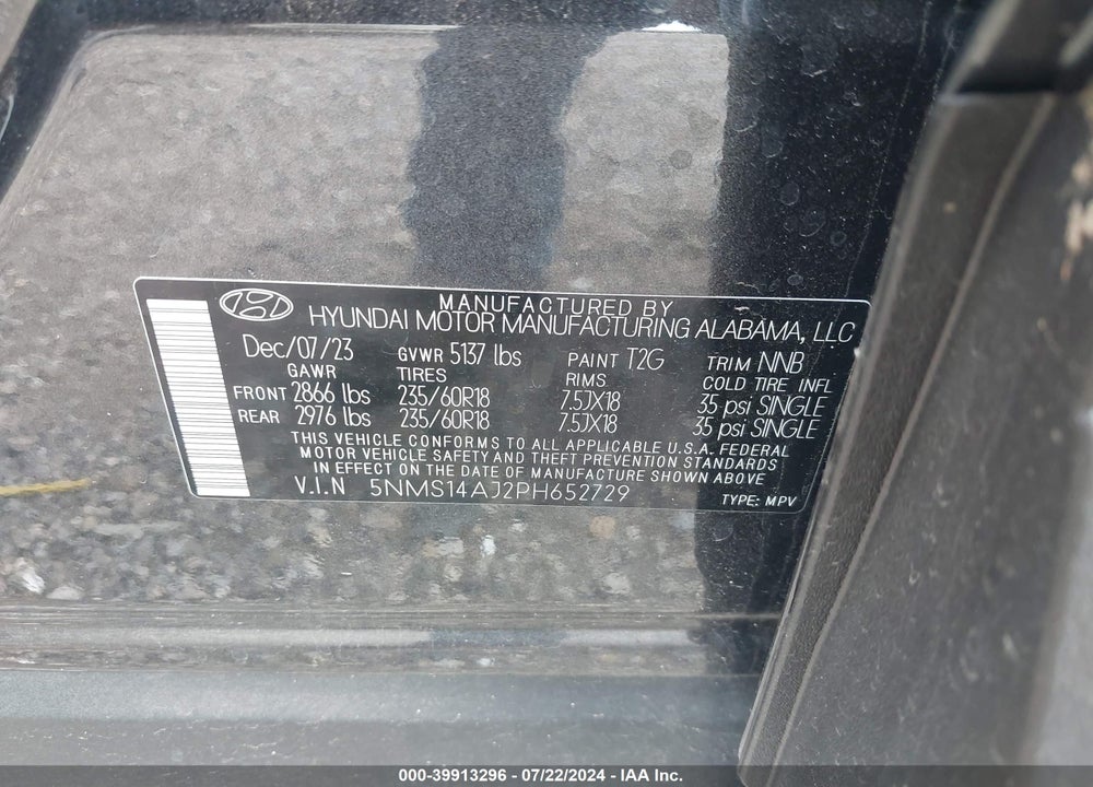 2023 HYUNDAI SANTA FE SE VIN: 5NMS14AJ2PH652729