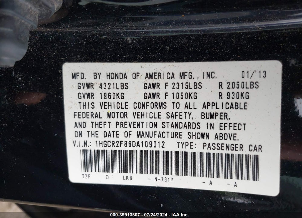 2013 HONDA ACCORD EX-L VIN: 1HGCR2F86DA109012