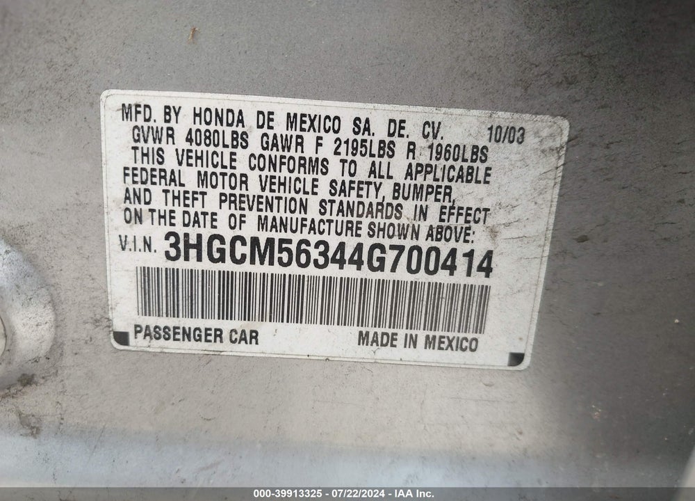 2004 HONDA ACCORD 2.4 LX VIN: 3HGCM56344G700414