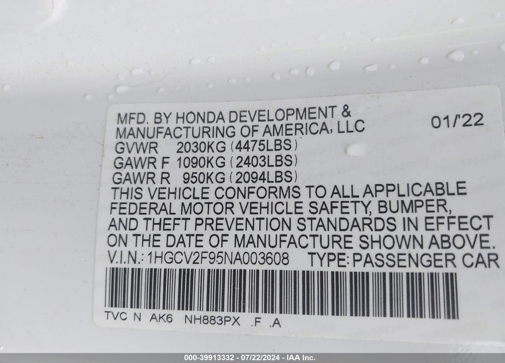 2022 HONDA ACCORD TOURING VIN: 1HGCV2F95NA003608