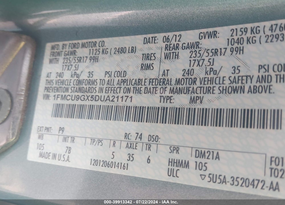 2013 FORD ESCAPE SE VIN: 1FMCU9GX5DUA21171