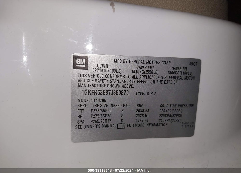 2007 GMC YUKON DENALI VIN: 1GKFK63887J369870