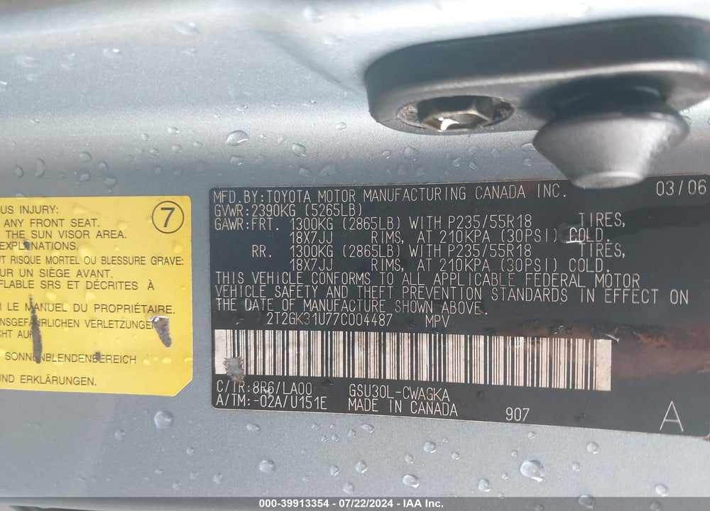 2007 LEXUS RX 350 VIN: 2T2GK31U77C004487