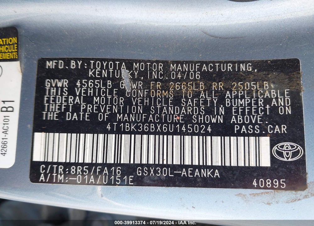2006 TOYOTA AVALON XL VIN: 4T1BK36BX6U145024