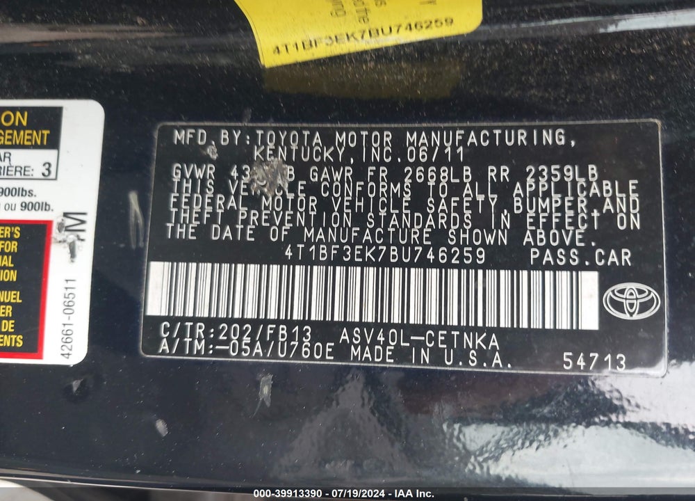 2011 TOYOTA CAMRY LE VIN: 4T1BF3EK7BU746259
