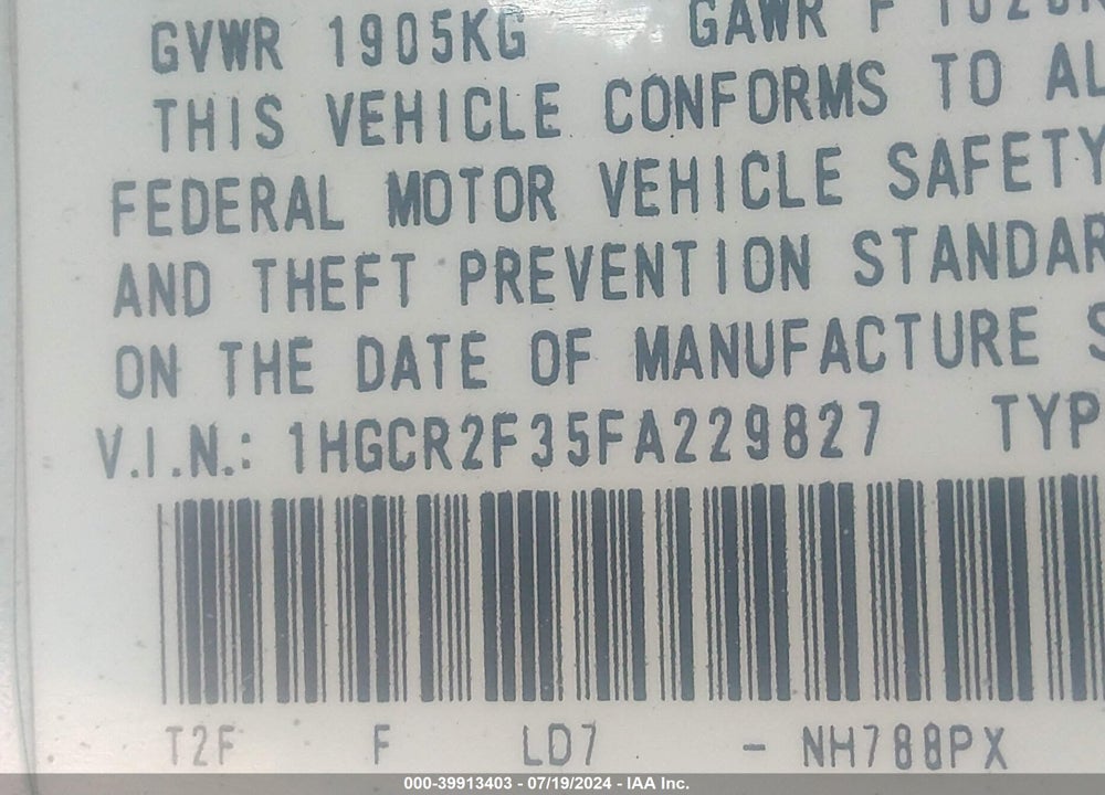 2015 HONDA ACCORD LX VIN: 1HGCR2F35FA229827