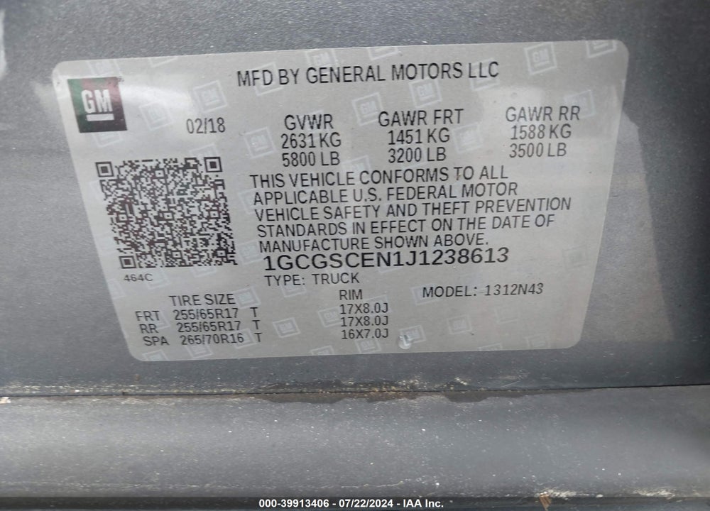2018 CHEVROLET COLORADO LT VIN: 1GCGSCEN1J1238613