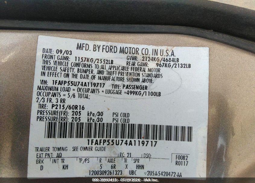 2004 FORD TAURUS SES VIN: 1FAFP55U74A119717