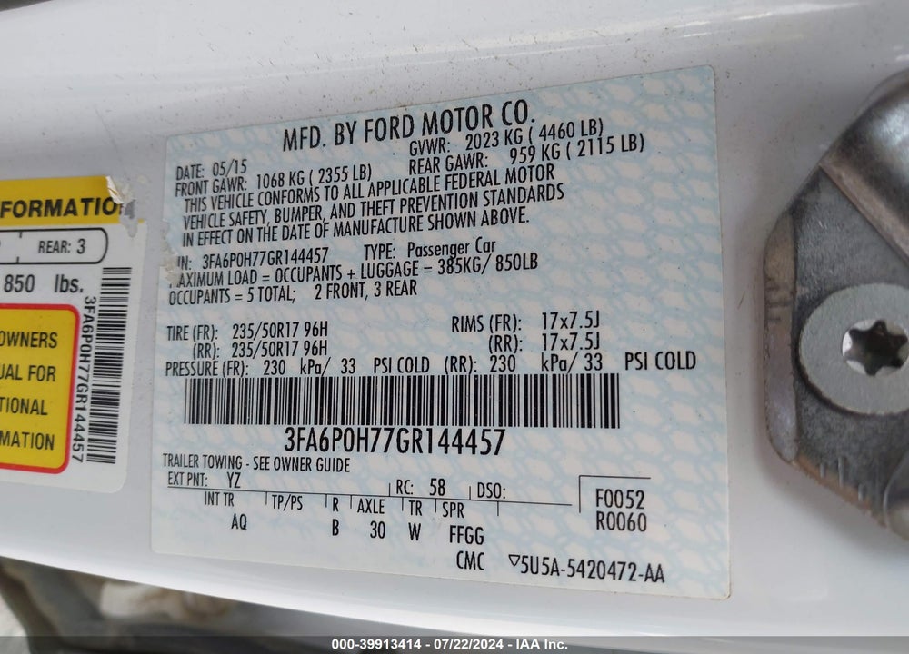2016 FORD FUSION SE VIN: 3FA6P0H77GR144457