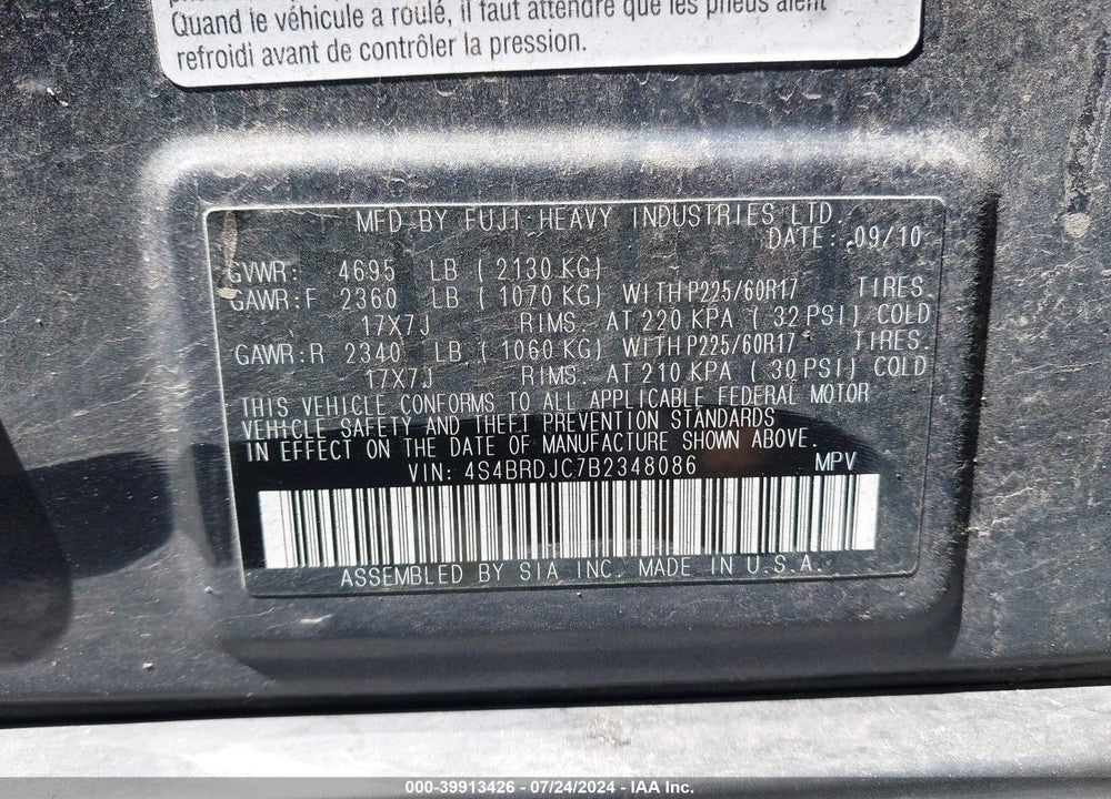 2011 SUBARU OUTBACK 3.6R LIMITED VIN: 4S4BRDJC7B2348086
