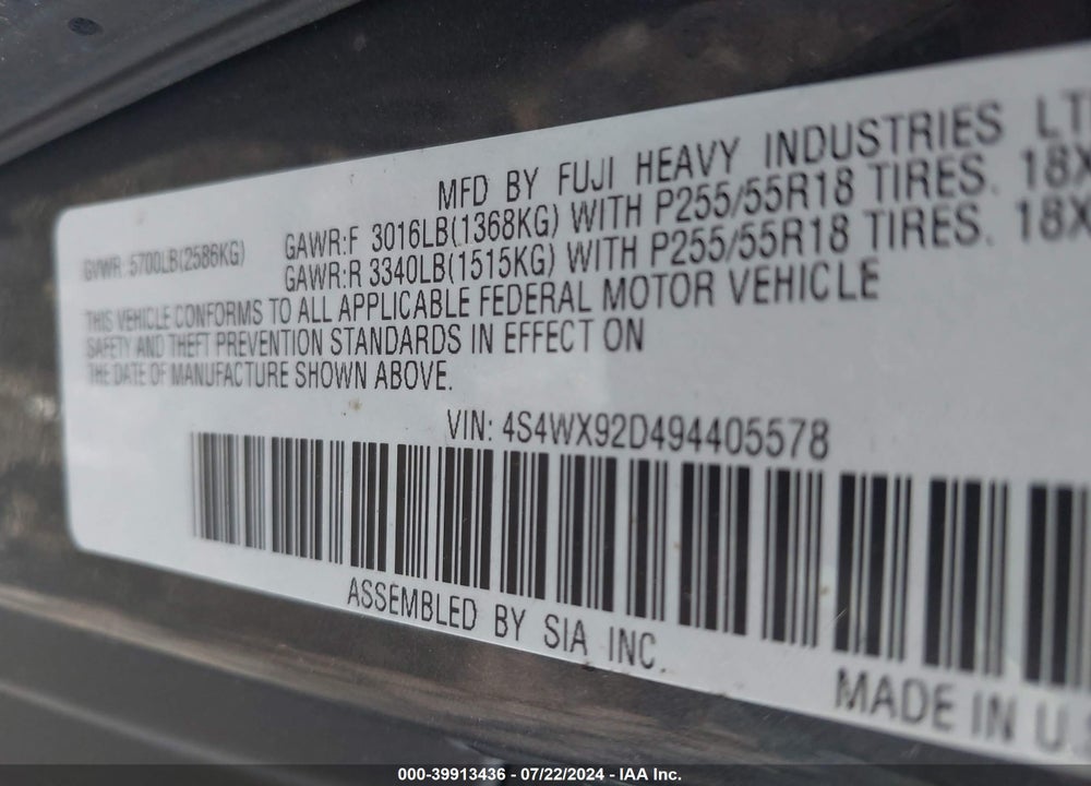 2009 SUBARU TRIBECA LIMITED 5-PASSENGER VIN: 4S4WX92D494405578