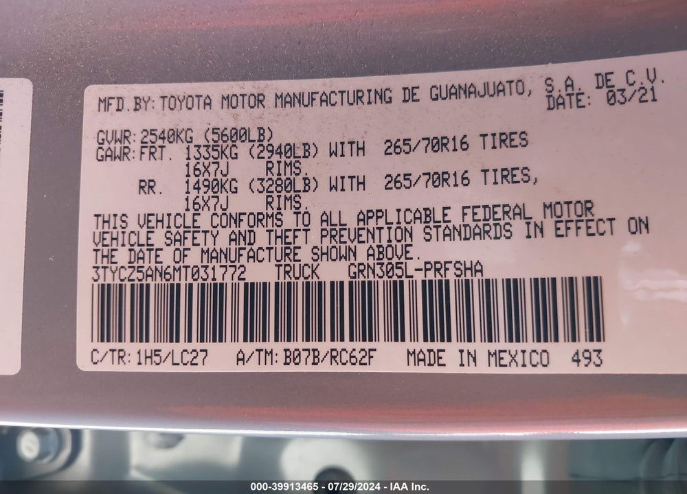 2021 TOYOTA TACOMA TRD OFF ROAD VIN: 3TYCZ5AN6MT031772