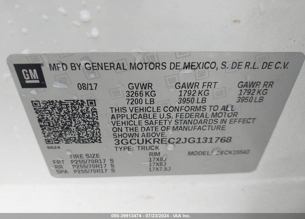2018 CHEVROLET SILVERADO 1500 1LT VIN: 3GCUKREC2JG131768