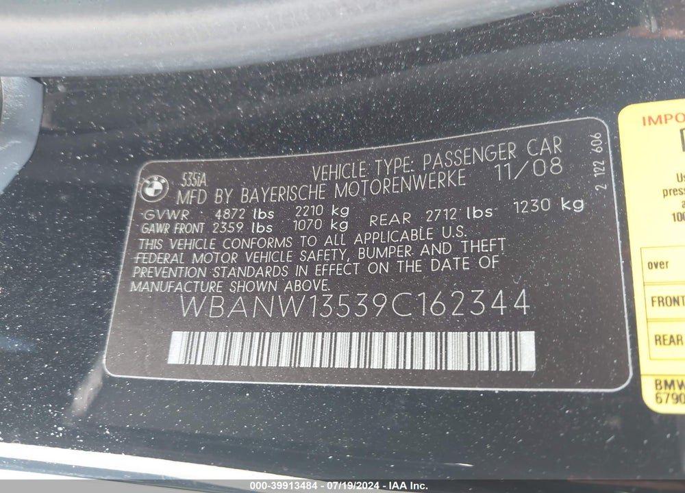 2009 BMW 535I VIN: WBANW13539C162344