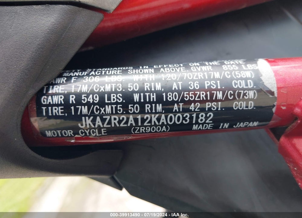 2019 KAWASAKI ZR900 VIN: JKAZR2A12KA003182