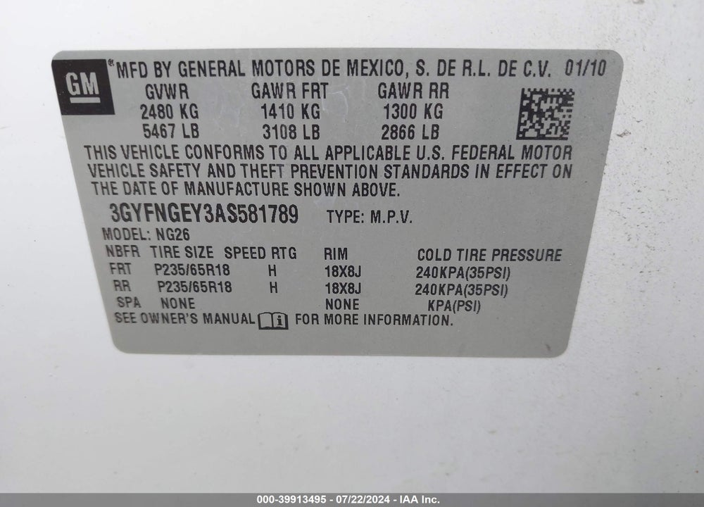 2010 CADILLAC SRX STANDARD VIN: 3GYFNGEY3AS581789