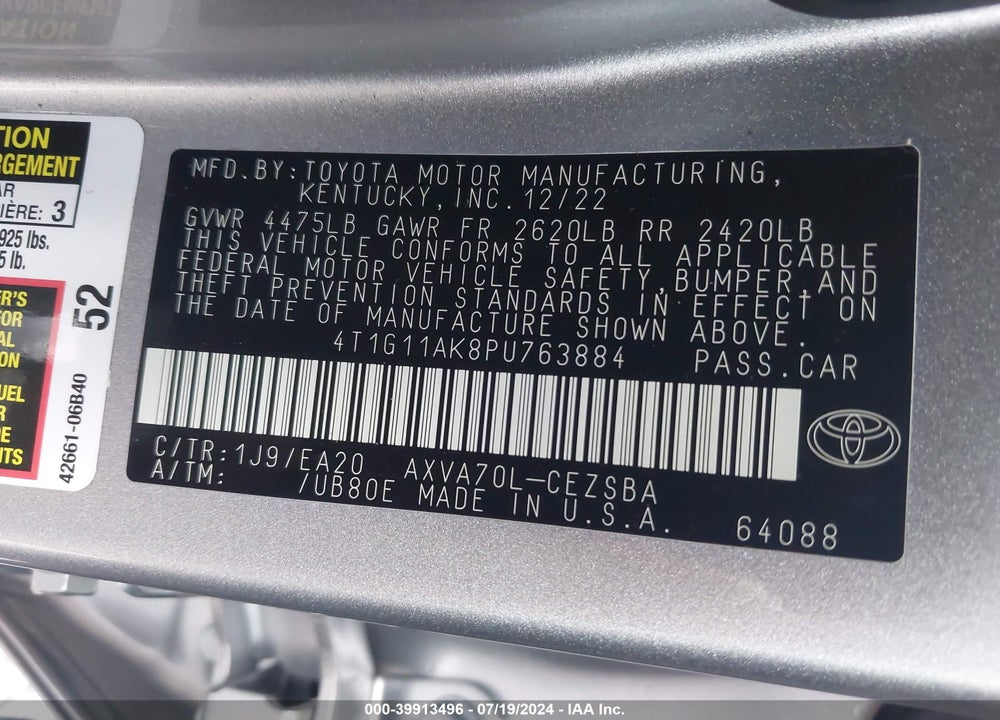 2023 TOYOTA CAMRY SE VIN: 4T1G11AK8PU763884