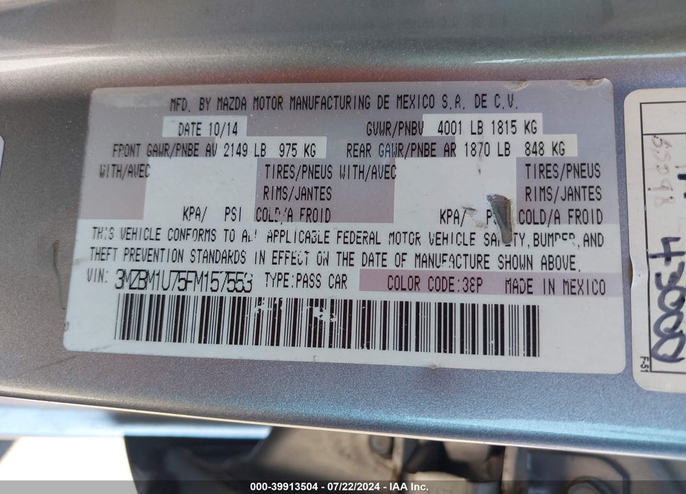 2015 MAZDA 3 I SPORT VIN: 3MZBM1U75FM157553