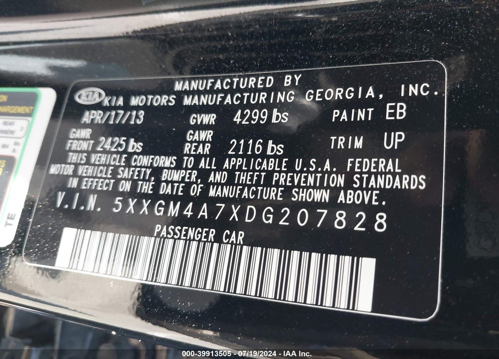 2013 KIA OPTIMA LX VIN: 5XXGM4A7XDG207828