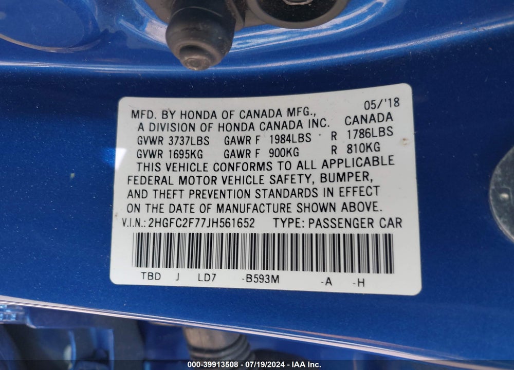 2018 HONDA CIVIC EX VIN: 2HGFC2F77JH561652