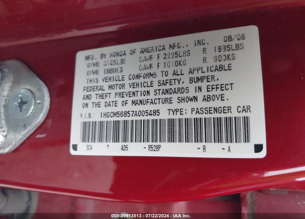 2007 HONDA ACCORD 2.4 EX VIN: 1HGCM56857A005485
