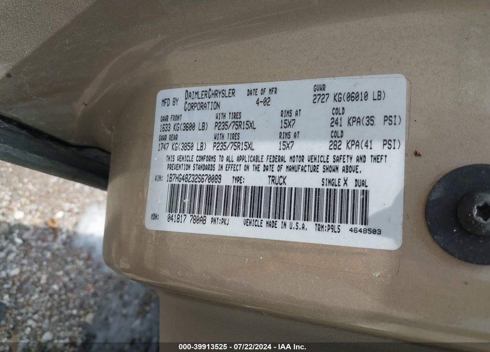 2002 DODGE DAKOTA SLT VIN: 1B7HG48Z32S670089